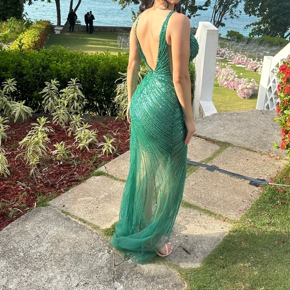 Jovani - 63405 Asymmetrical Beaded Illusion High Slit Gown Emerald - Picture 3 of 6